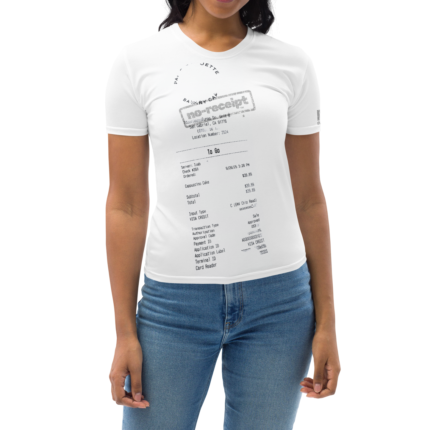 stalehuman™ no-receipt women’s tee shirt • cappuccino cake print 00.2