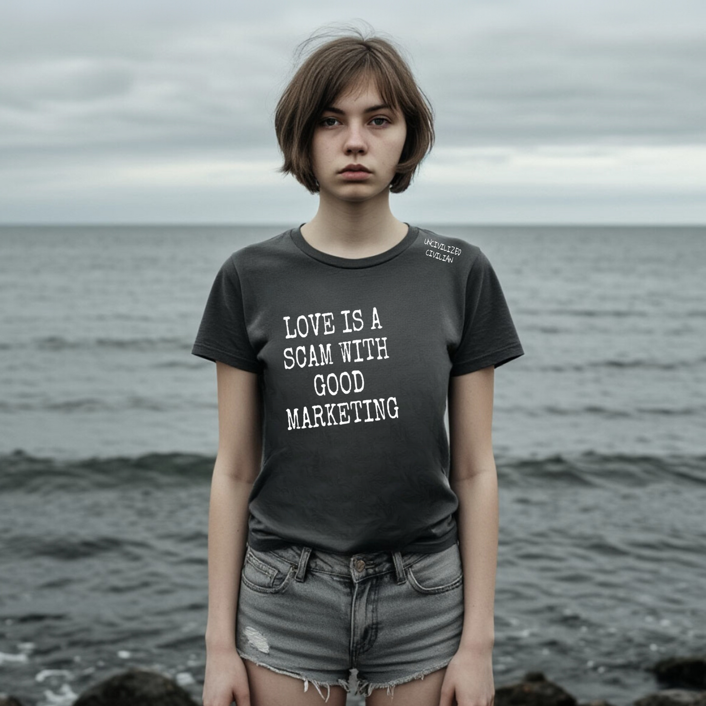 Women's T-shirt | LOVE IS A SCAM WITH GOOD MARKETING