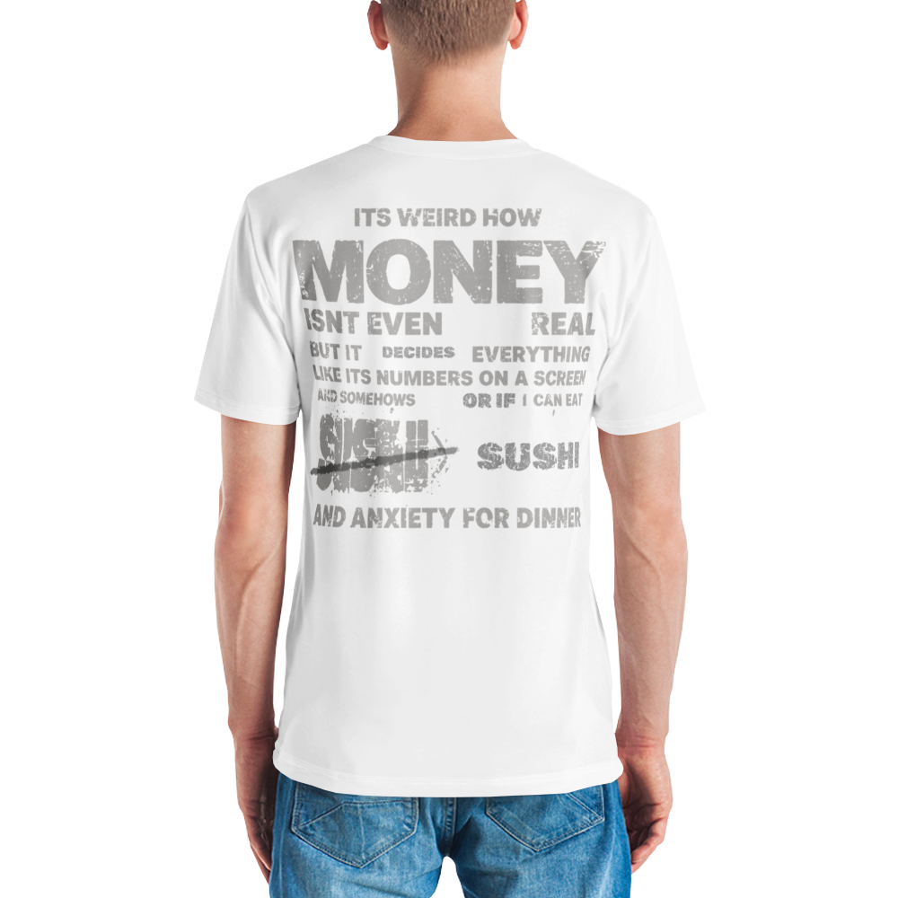 stalehuman™ no-receipt men’s tee shirt • cappuccino cake print 00.1