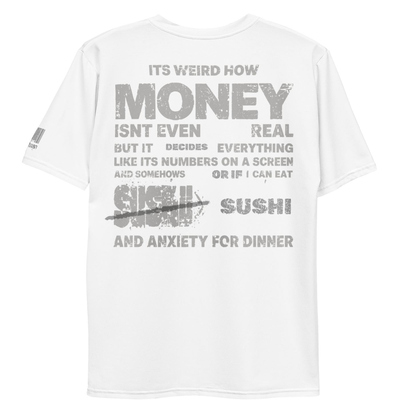 stalehuman™ no-receipt men’s tee shirt • cappuccino cake print 00.1