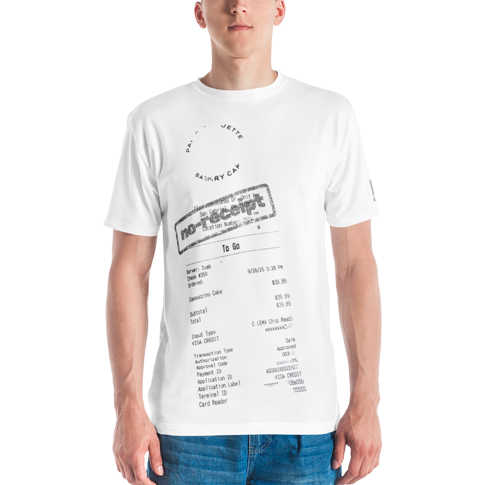 stalehuman™ no-receipt men’s tee shirt • cappuccino cake print 00.1