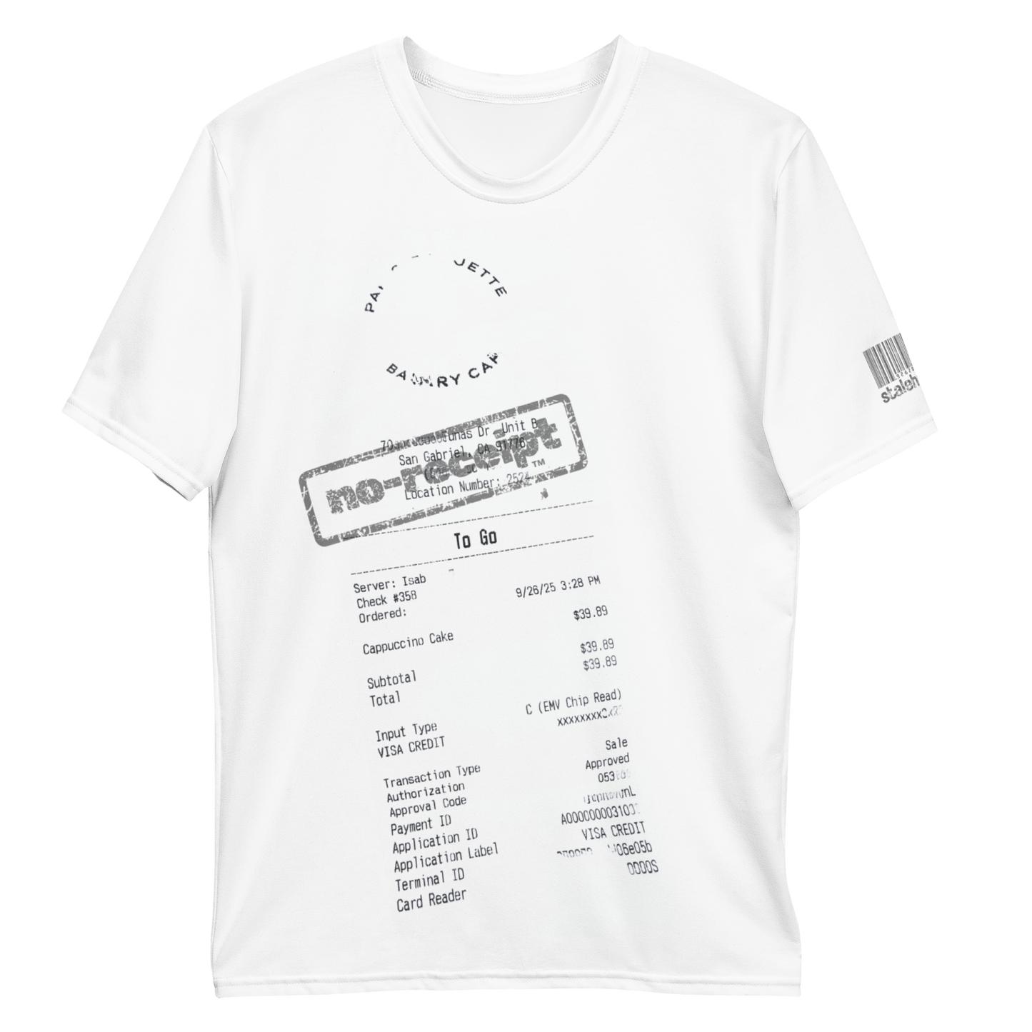 stalehuman™ no-receipt men’s tee shirt • cappuccino cake print 00.1