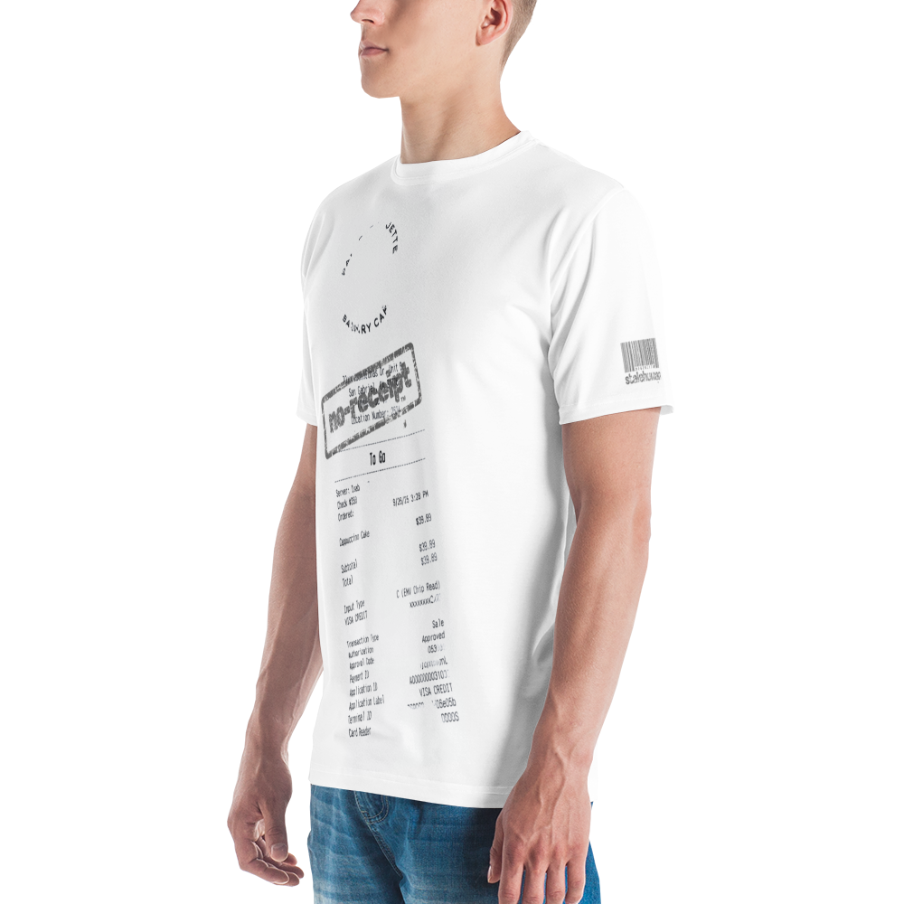 stalehuman™ no-receipt men’s tee shirt • cappuccino cake print 00.1