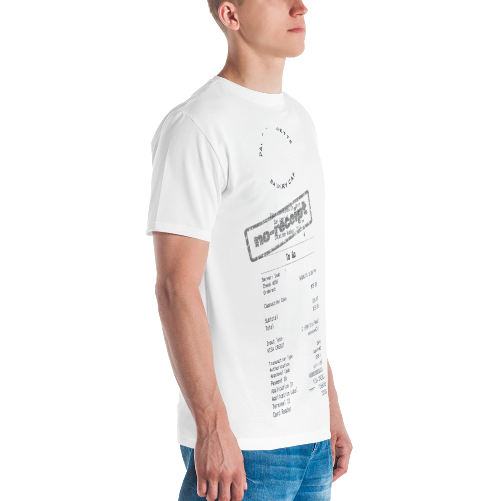 stalehuman™ no-receipt men’s tee shirt • cappuccino cake print 00.1
