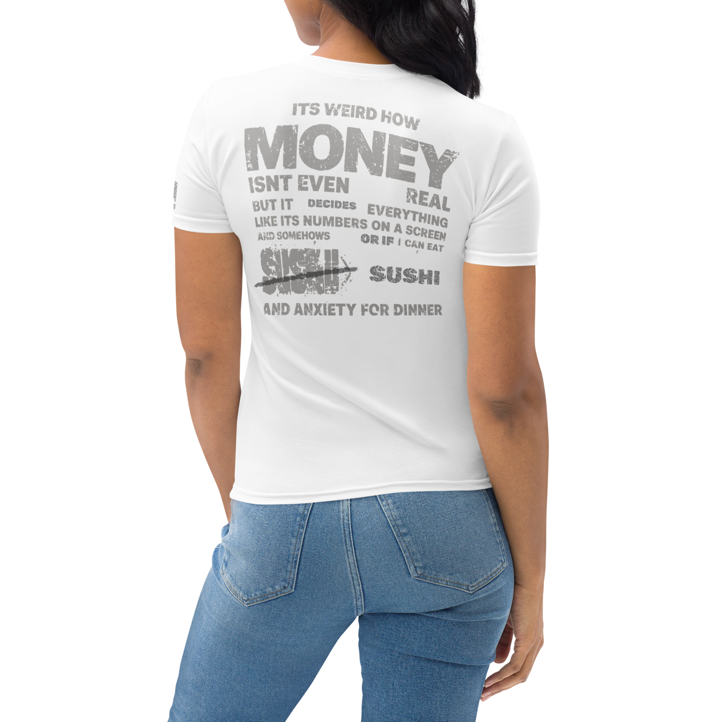 stalehuman™ no-receipt women’s tee shirt • cappuccino cake print 00.2