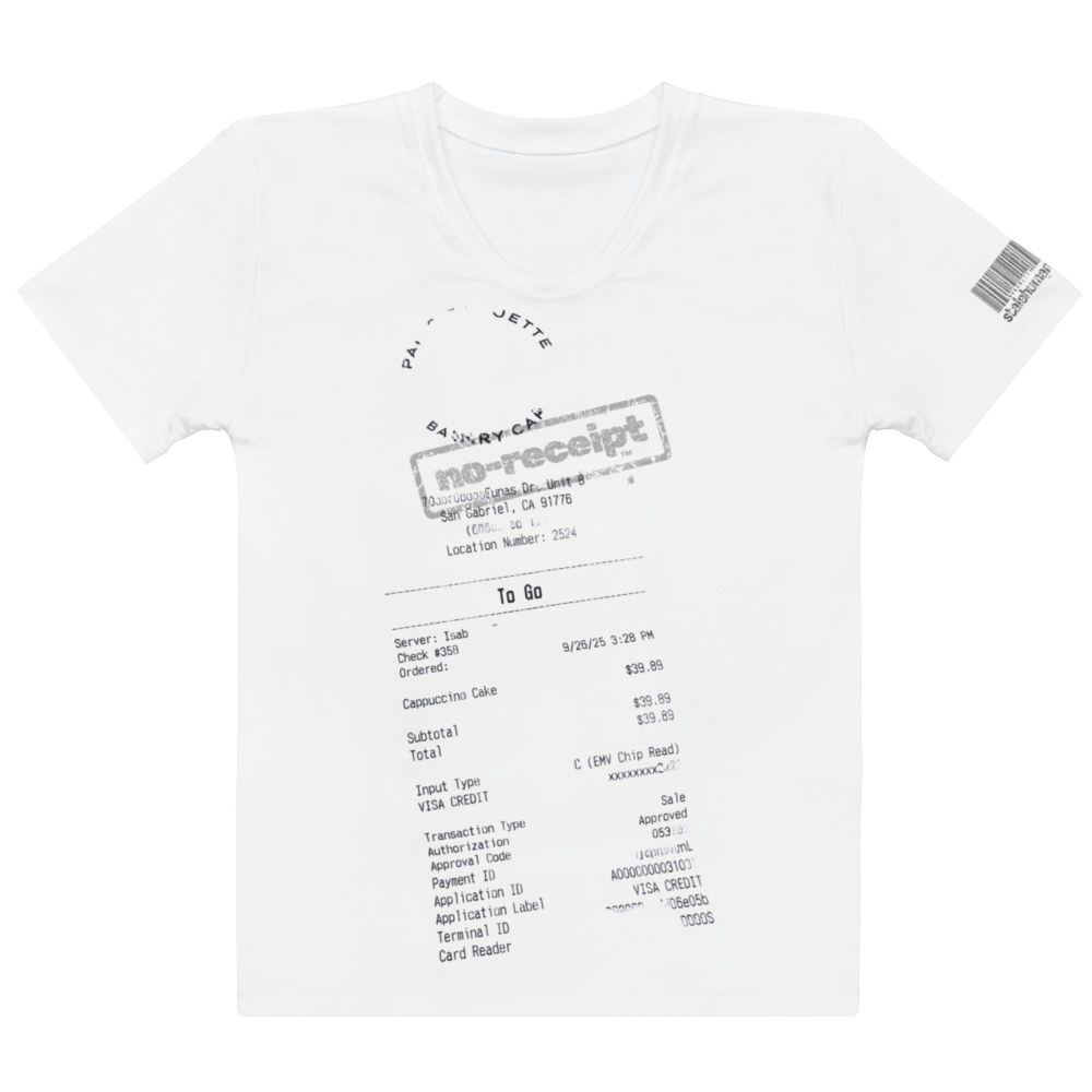 stalehuman™ no-receipt women’s tee shirt • cappuccino cake print 00.2