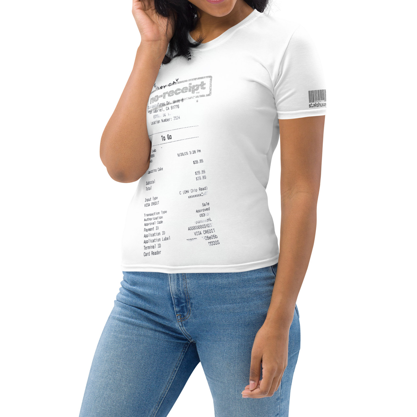 stalehuman™ no-receipt women’s tee shirt • cappuccino cake print 00.2